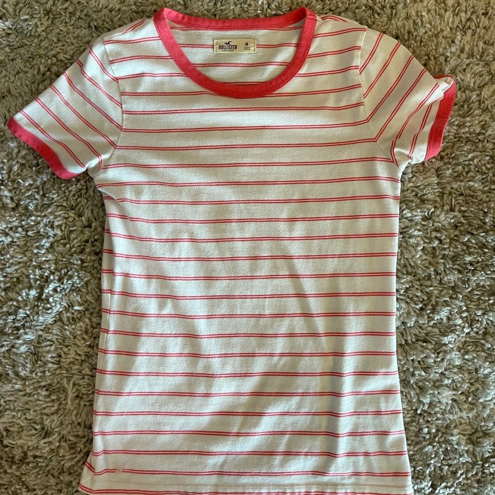 Women's Hollister Pink and White Striped T-Shirt